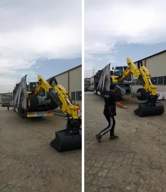 Menzi Muck M540 coborând pe spate de pe semiremorcă, sprijinit pe cupă, Brașov 2022: două cadre din filmarea descărcării